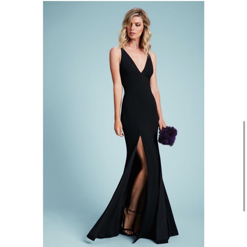 Dress the Population Black Iris Slit Crepe V-neck Gown Dress - Picture 1 of 10
